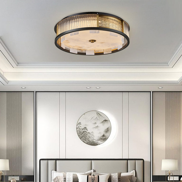 Traditional Chinese Marble Stainless Steel Copper Glass Rods Marble Round LED Flush Mount Ceiling Light For Living Room