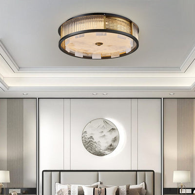 Traditional Chinese Luxury Marble Brass Round LED Flush Mount Ceiling Light For Living Room