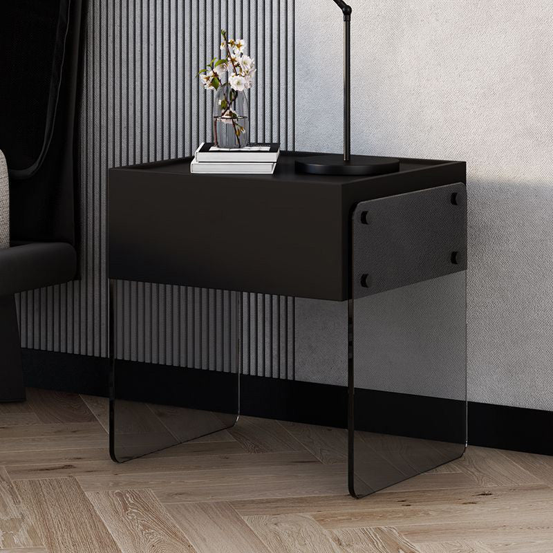 Table de nuit rectangulaire minimaliste moderne en bois avec plateau en verre et 1 tiroir pour chambre 
