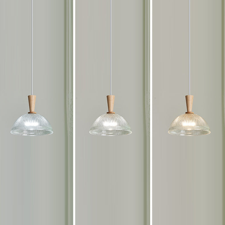 Suspension Luminaire Moderne Minimaliste Rond en Verre à Rayures en Dentelle avec Bois 1-Lumière pour Salon 
