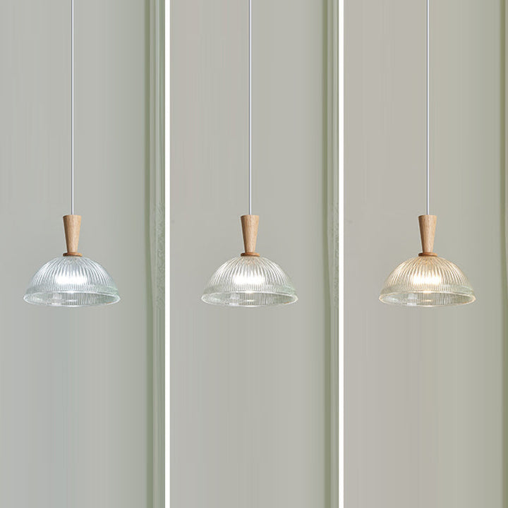 Suspension Luminaire Moderne Minimaliste Rond en Verre à Rayures en Dentelle avec Bois 1-Lumière pour Salon 