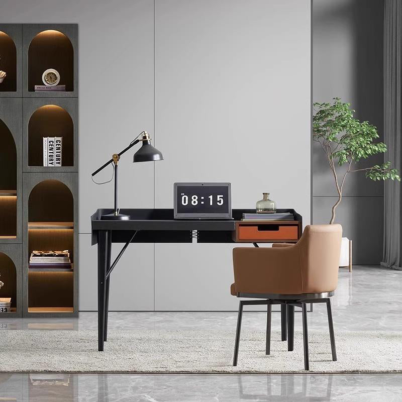 Chaise de salle à manger moderne minimaliste carrée en cuir microfibre rembourré avec dossier et accoudoir en métal 