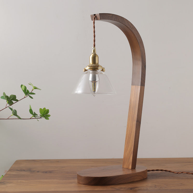 Traditionelle japanische runde Tischlampe aus Holz und Glas mit 1 Licht für Wohnzimmer 