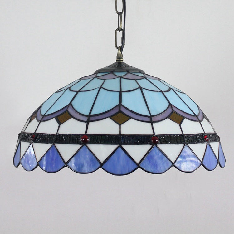 Lustre suspendu traditionnel Tiffany en forme de dôme rond en verre teinté avec 1 lumière pour salon 