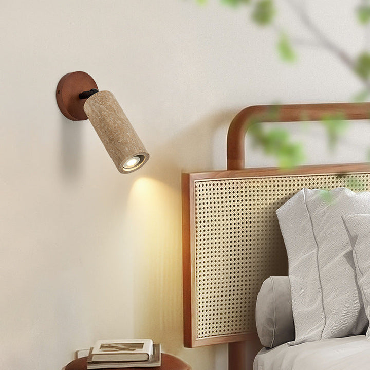 Traditional Japanese Yellow Travertine Walnut Cylindrical Spotlight 1-Light Wall Sconce Lamp For Bedroom