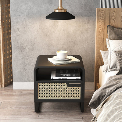 Table de chevet moderne minimaliste rectangulaire en bois massif avec rotin 1 tiroir pour chambre 