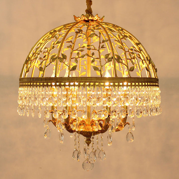 Chandelier à 6 lumières avec branches en cristal et dôme en cuivre de luxe traditionnel pour salle à manger 