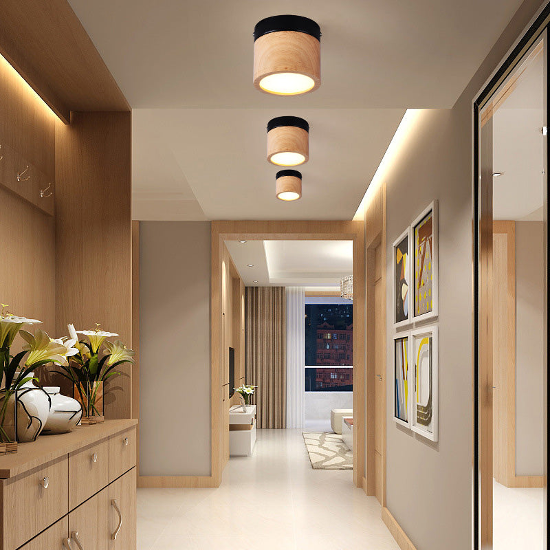 Plafonnier LED cylindrique en bois acrylique traditionnel japonais pour couloir 