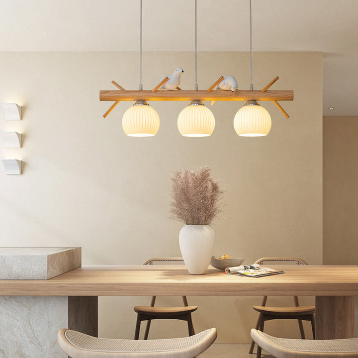 Lustre à 3 lumières avec abat-jour rond en verre et bandes de bois traditionnelles japonaises pour salon 