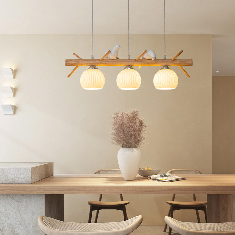 Lámpara de araña de 3 luces con pantalla redonda de vidrio y tiras de madera tradicional japonesa para sala de estar 