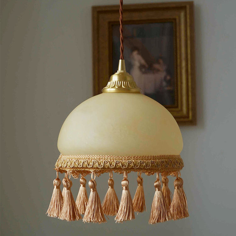 Traditionelle französische runde Quaste Glas Kupfer Stoff 1-Licht Pendelleuchte für Wohnzimmer 