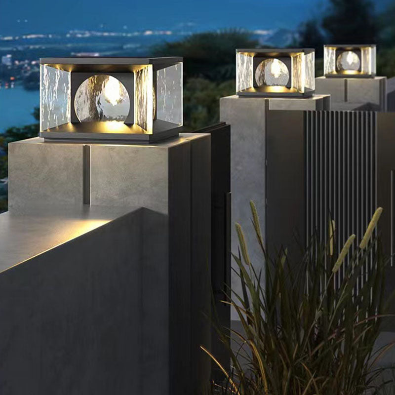 Moderno Minimalista Solar Impermeable Rectángulo Acero Inoxidable Vidrio LED Poste Luz de Cabeza Para Patio Exterior 