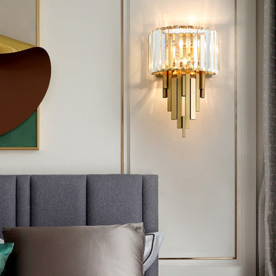 Zeitgenössische Luxus Metall Hardware Kristall Zylinder Streifen Rhombischen 2-Licht Wand Leuchte Lampe Für Wohnzimmer 