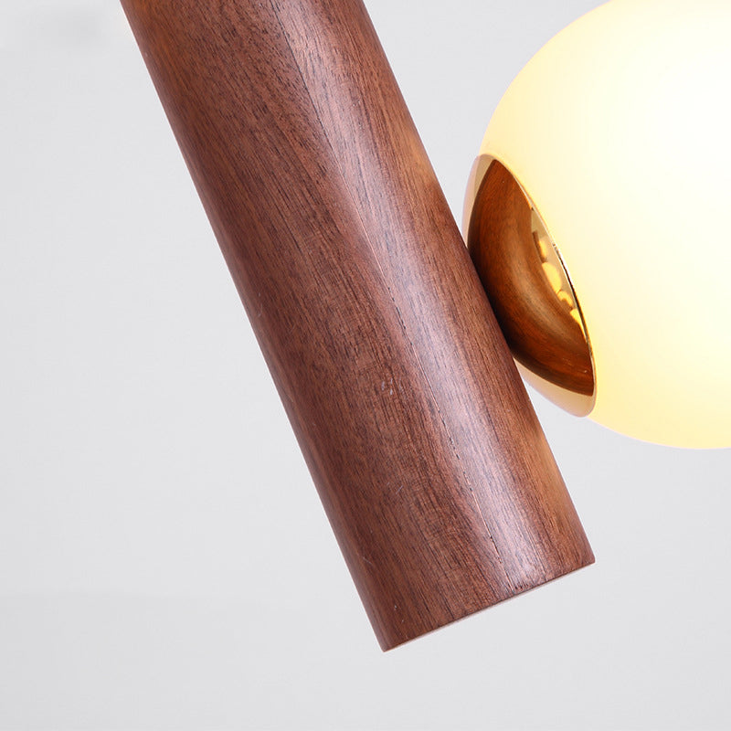 Traditional Japanese Metal Rubber Wood Walnut Glass Cylinder Strip Ball 2-Light Wall Sconce Lamp For Bedside