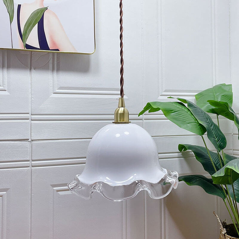 French Modern Minimalist Floral Brass Glass 1-Light Pendant Light