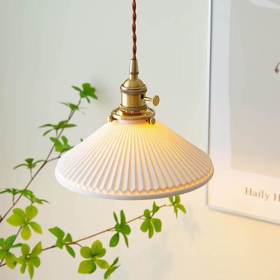 Traditional Japanese Pleated Ceramic Cone Shade Brass 1-Light Pendant Light For Living Room