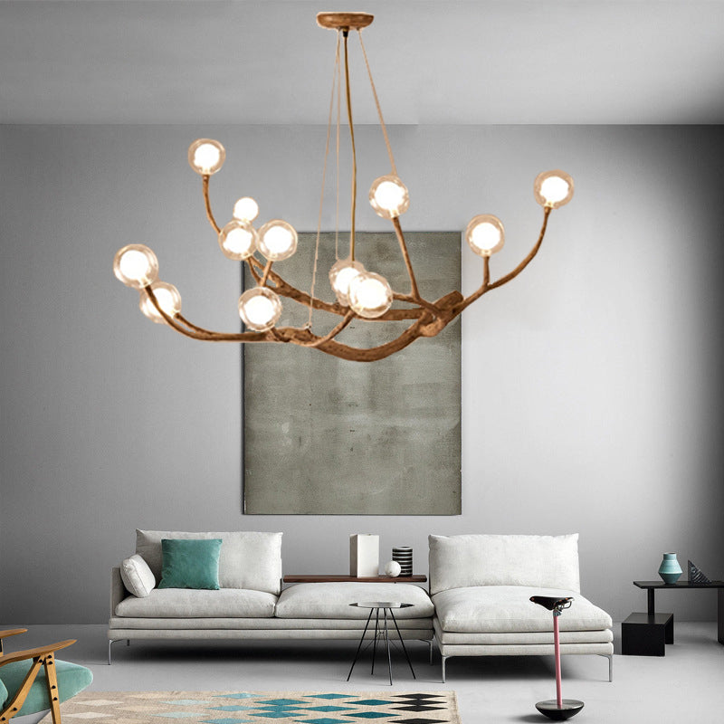 Araña de ramas de madera con globo de vidrio moderno de 8/12/16/20 luces para sala de estar 