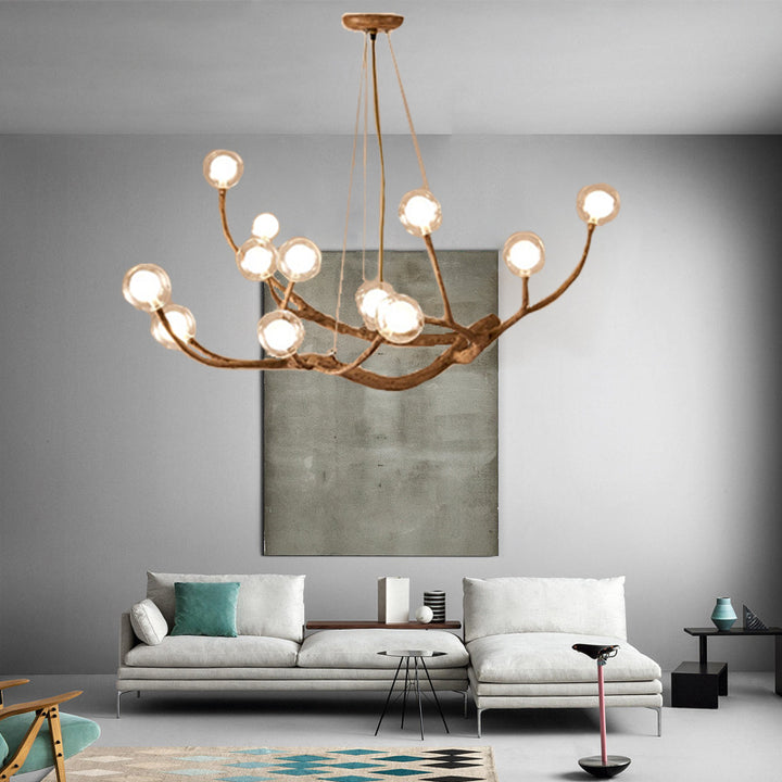 Modern Glass Globe 8/12/16/20-Light Wood Branching Chandeliers For Living Room