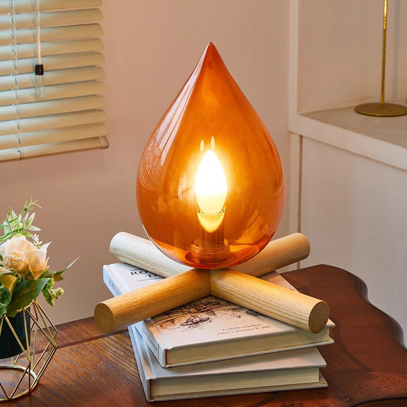 Lámpara de Mesa de 1 Luz de Madera Maciza con Vidrio y Llama Creativa Contemporánea para Dormitorio 