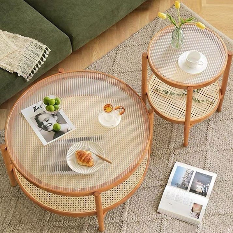 Table basse ronde minimaliste moderne en hévéa avec plateau en verre et faux rotin, à 2 niveaux, pour salon 