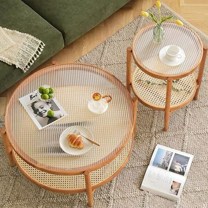 Table basse ronde minimaliste moderne en hévéa avec plateau en verre et faux rotin, à 2 niveaux, pour salon 
