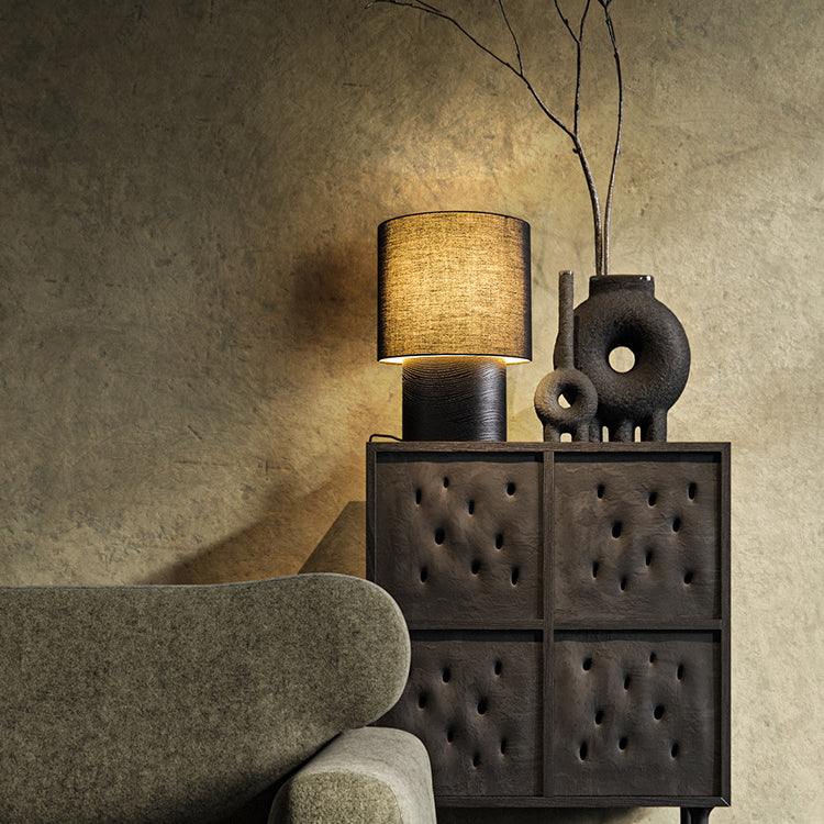 Lampe de Table 1 Lumière en Bois et Tissu Cylindrique de Ferme Traditionnelle pour Chevet 
