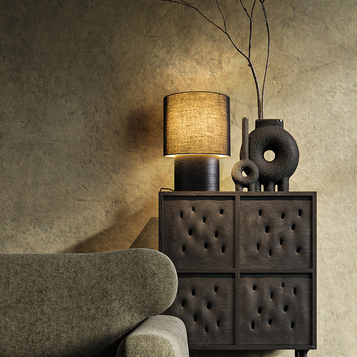 Lampe de Table 1 Lumière en Bois et Tissu Cylindrique de Ferme Traditionnelle pour Chevet 