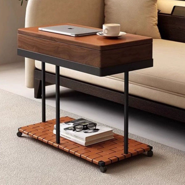 Traditional Vintage Removable Rectangle Solid Wood Iron Saddle-Style Faux Leather Side Table 2-Tier For Living Room