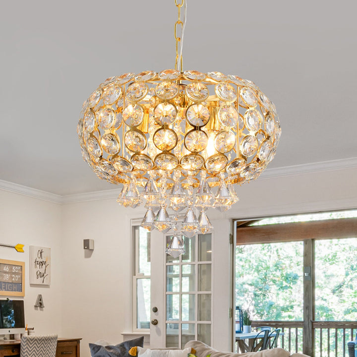 Lustre traditionnel de luxe rond en fer avec cristaux à 4 lumières pour salon 