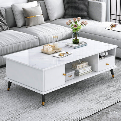 Mesa de café rectangular nórdica contemporánea de MDF y hierro con 1/2 cajón para sala de estar 