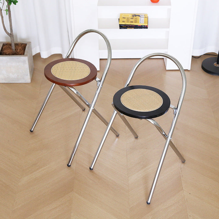 Traditional Vintage Round Rubberwood Faux Rattan Stainless Steel Weaving Dining Chair Folding Backrest For Dining Room