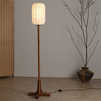 Japanese Zen Rosewood Base Silk Lantern Shade 1-Light Standing Floor Lamp