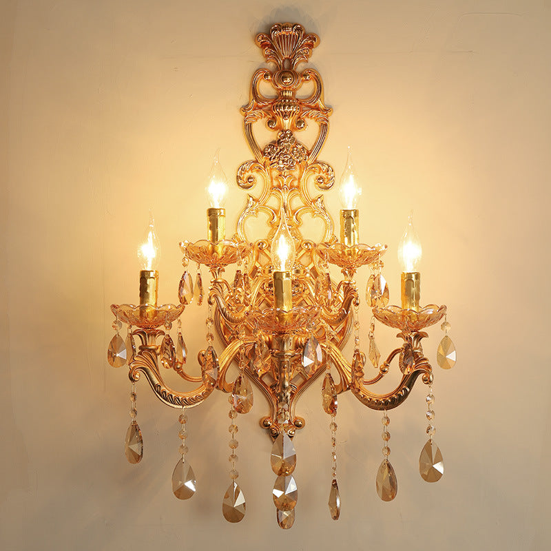 Applique Murale à 5 Lumières en Cristal de Verre avec Matériel en Or Traditionnel Européen pour Salon 