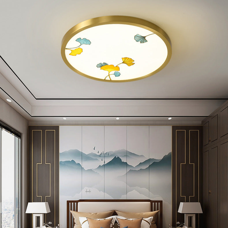 Traditional Chinese Copper Acrylic Round Lotus Bamboo Ginkgo Leaves LED Flush Mount Ceiling Light For Living Room