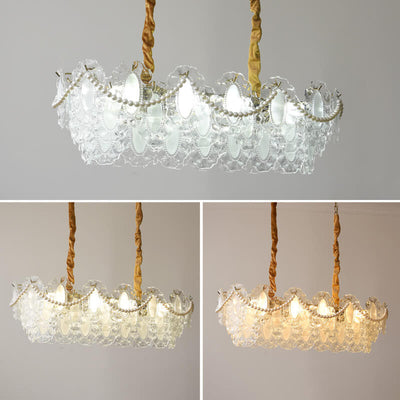 French Vintage Rectangular Pearl Glass 8-Light Island Light Chandelier