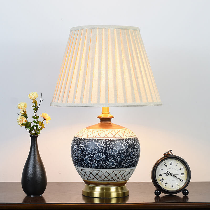 Traditional Chinese Round Ceramic Hardware Fabric Print Pleated Lampshade 1-Light Table Lamp For Bedroom