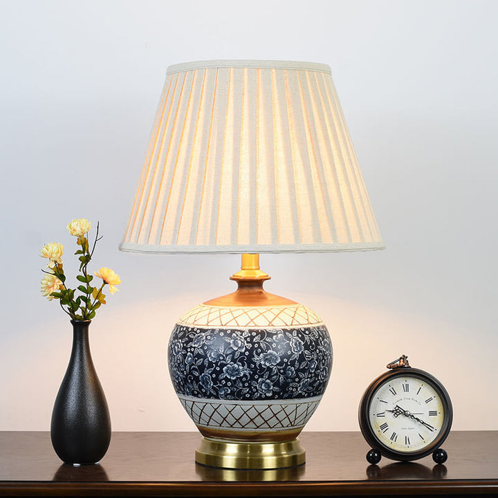 Traditional Chinese Round Ceramic Hardware Fabric Print Pleated Lampshade 1-Light Table Lamp For Bedroom