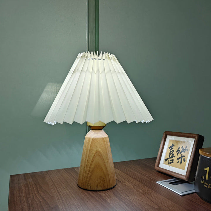 Lampe de table 1 lumière en bois avec tissu plissé trapézoïdal scandinave contemporain pour chambre 