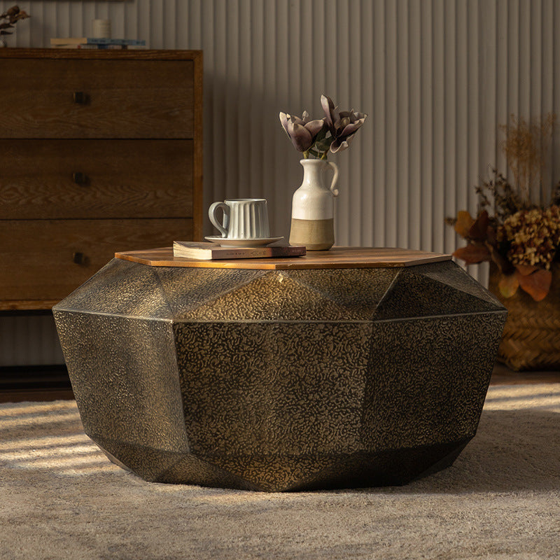 Mesa de café geométrica de hierro y madera de pino con diseño retro contemporáneo de 1 estante para sala de estar 