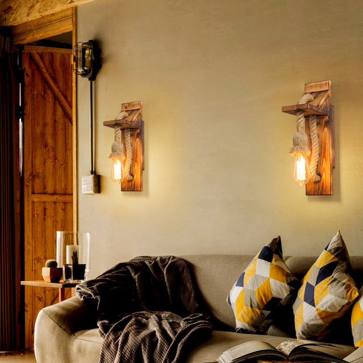 Lampe murale contemporaine rectangulaire en bois et corde de chanvre à 1 lumière pour salon 