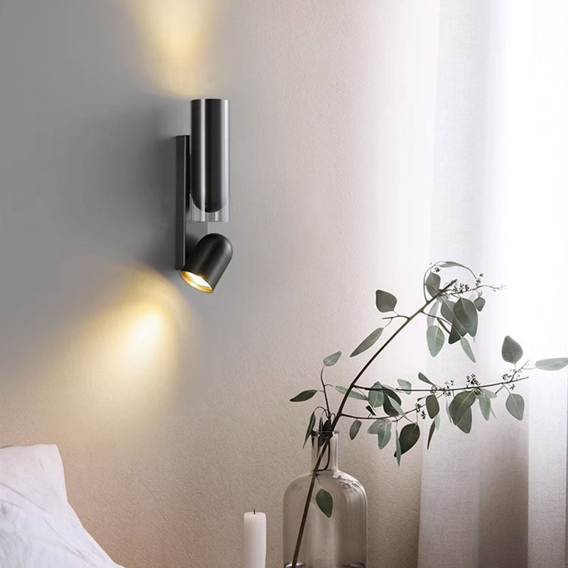 Moderne minimalistische drehbare Zylinder Metall Glas 2-Licht Wandleuchte Lampe für Schlafzimmer 