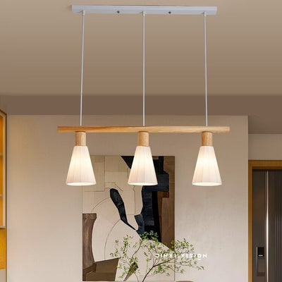 Japanese Wabi-sabi Solid Wood Semi-Conical Glass Shade 3-Light Island Light Chandelier