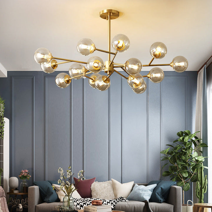 Modern Mid-century Brass Frame Glass Ball Shade 6/9/12/15-Light Chandelier For Living Room