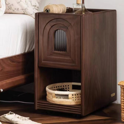 Table de nuit contemporaine rétro rectangulaire avec porte arquée en noyer et verre, 1 tiroir avec veilleuse pour chevet 