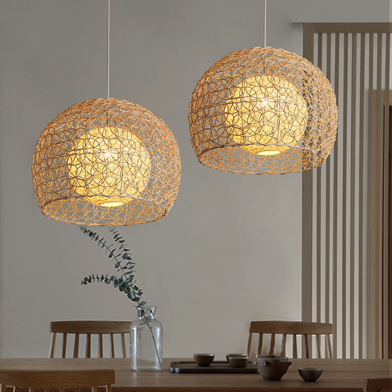 Contemporary Boho Round Faux Rattan Weaving 1-Light Pendant Light For Dining Room