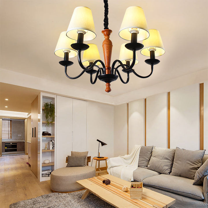 Contemporary Scandinavian Curved Rod Trapezoidal Candle Holder Iron Fabric 3/5/6-Light Chandelier For Living Room