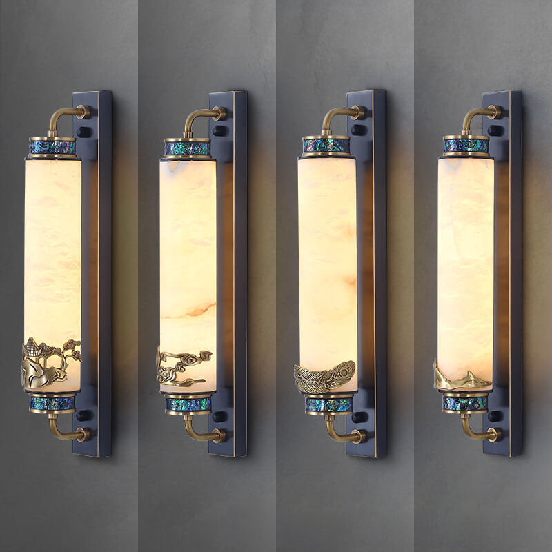 Traditional Chinese Marble Copper Column Brass LED Wall Sconce Lamp for Living Room