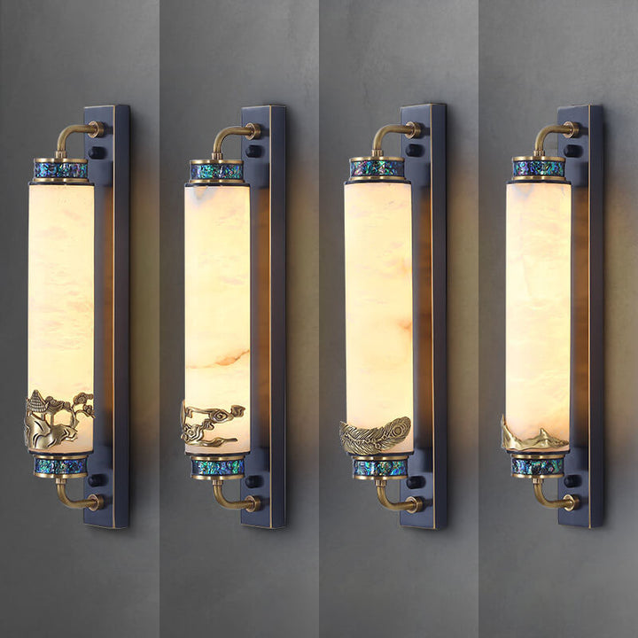 Traditional Chinese Marble Copper Column Brass LED Wall Sconce Lamp for Living Room
