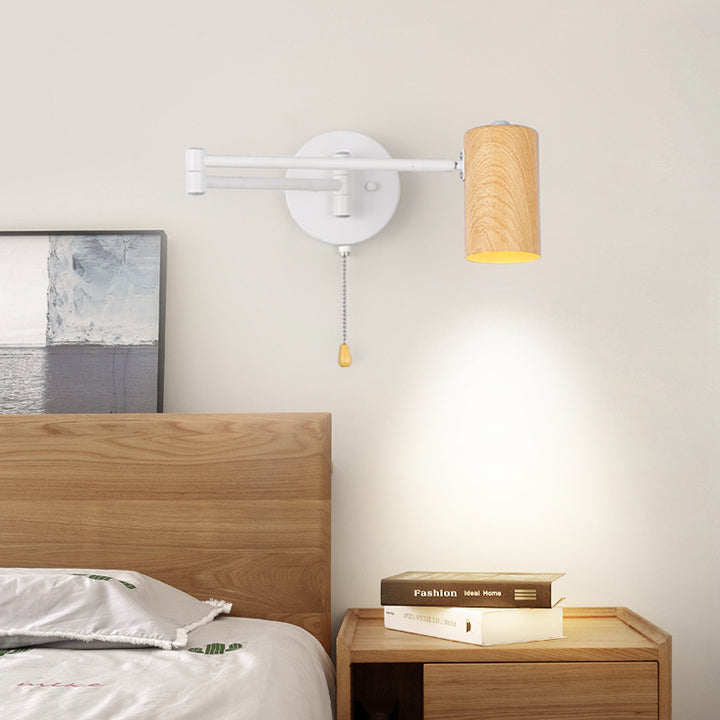 Applique murale 1 lumière en fer, plastique et grain de bois scandinave contemporain pour chambre à coucher 