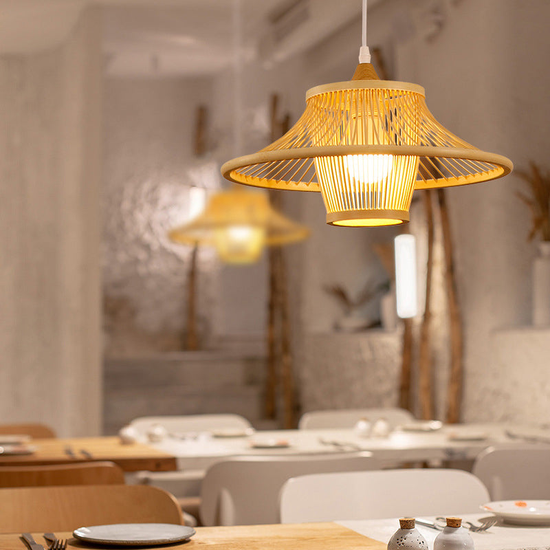 Suspension Luminaire Cylindre Rond en Bambou Japonais Traditionnel à 1 Lumière pour Chambre 